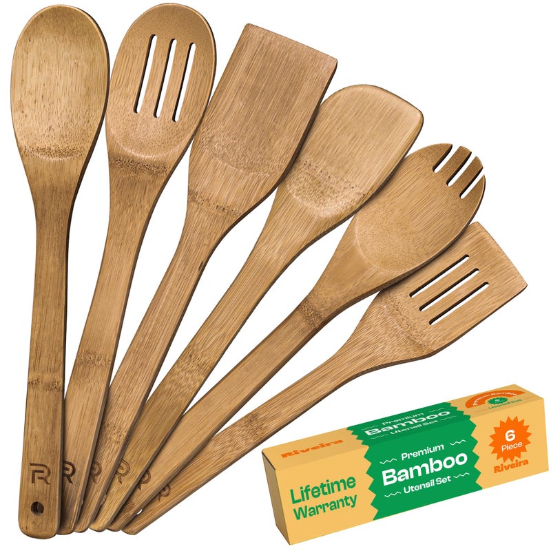 Riveira Dark Bamboo Wooden Spoons for Cooking 6-Piece  Apartment Essentials Wood Spatula Spoon Nonstick Kitchen Utensil Set Premium Quality Housewarming Gifts for Everyday Use - Image 1